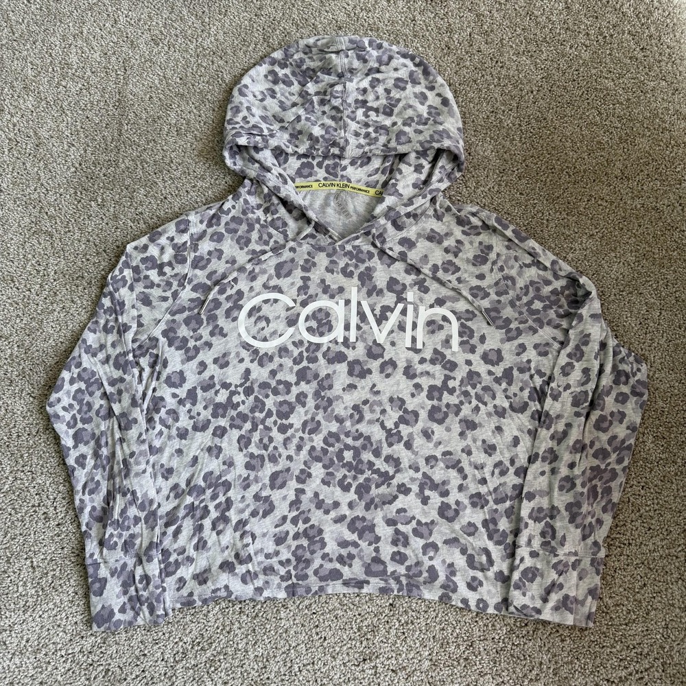 Calvin Klein Performance Hoodie Womens XL Gray Animal Print Logo Pullover